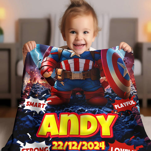 Personalized Baby Superhero Blanket – Captain America Style | Custom Name & Birthdate | 30"x40"